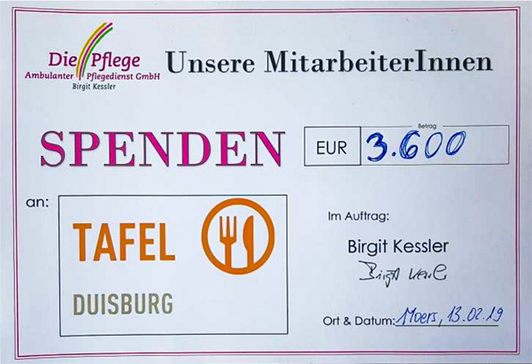 »Die Pflege«, spenden 3.600 Euro an die Tafel Duisburg, nach dem Brand am 02.12.2018 »Die Pflege«, spenden 3.600 Euro an die Tafel Duisburg, nach dem Brand am 02.12.2018